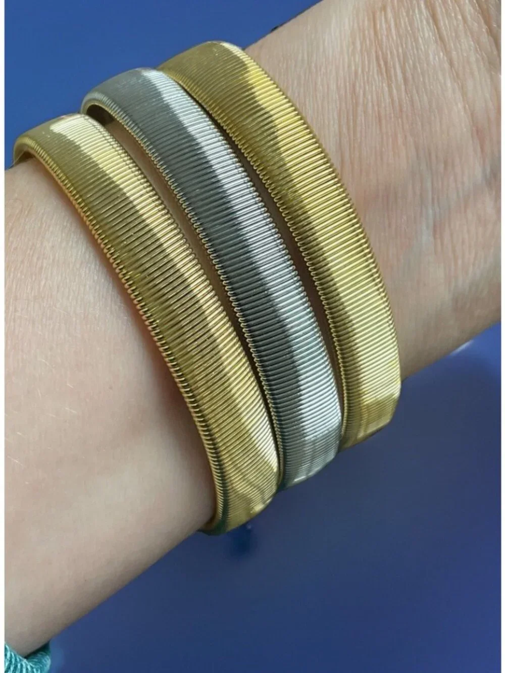 Vintage 2 Gold-Tone 1 Silver-tone Tubogas Stretch Bracelet Lot